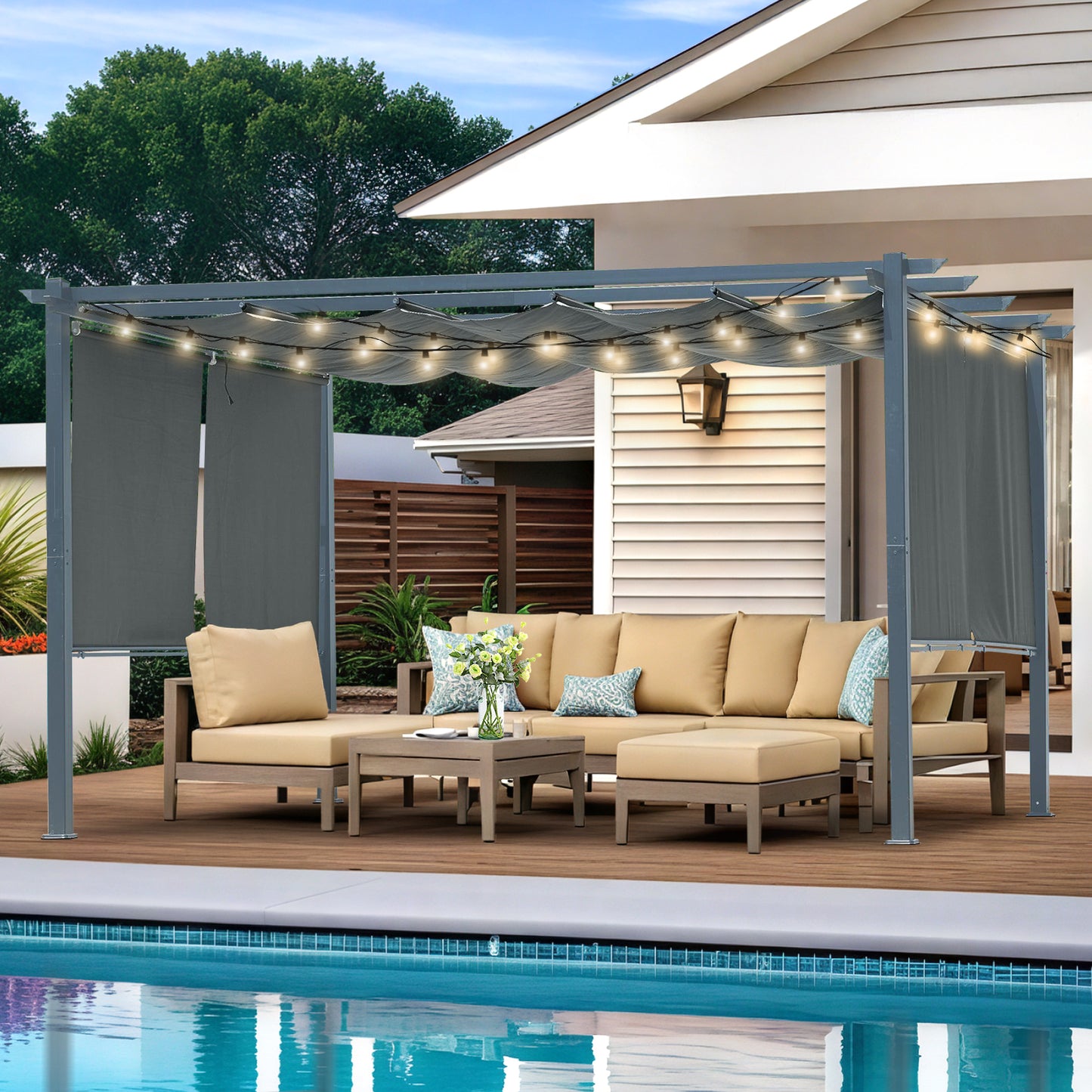 13x10 ft. Outdoor Pergola with Retractable Shade Canopy, Aluminum Frame, Roller Shade Curtain - Aoodor 