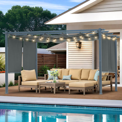 13x10 ft. Outdoor Pergola with Retractable Shade Canopy, Aluminum Frame, Roller Shade Curtain - Aoodor 