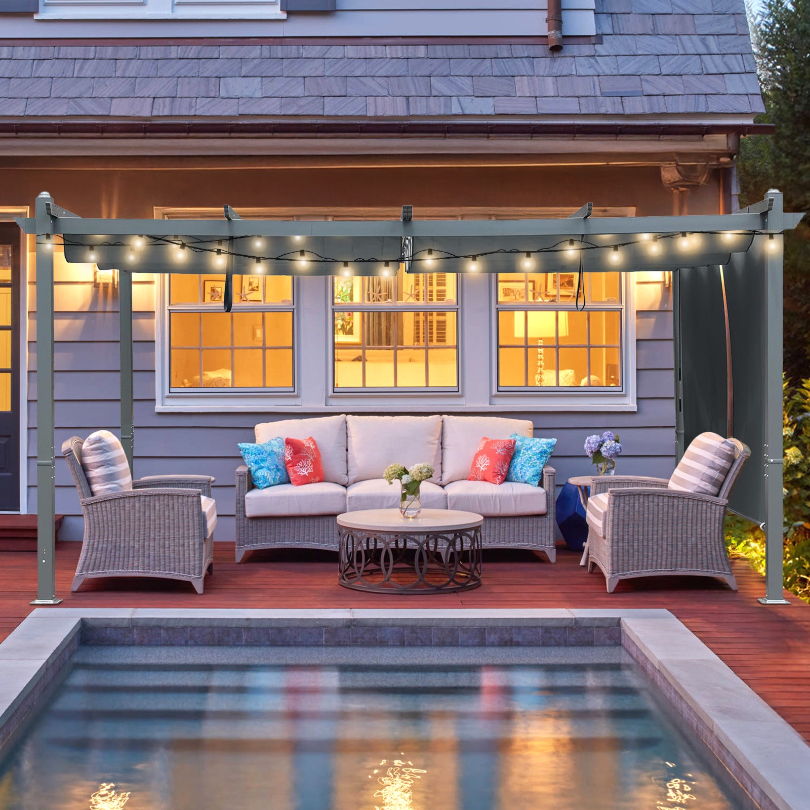 16x12 ft. Outdoor Pergola with Retractable Shade Canopy, Aluminum Frame, Roller Shade Curtain - Aoodor 