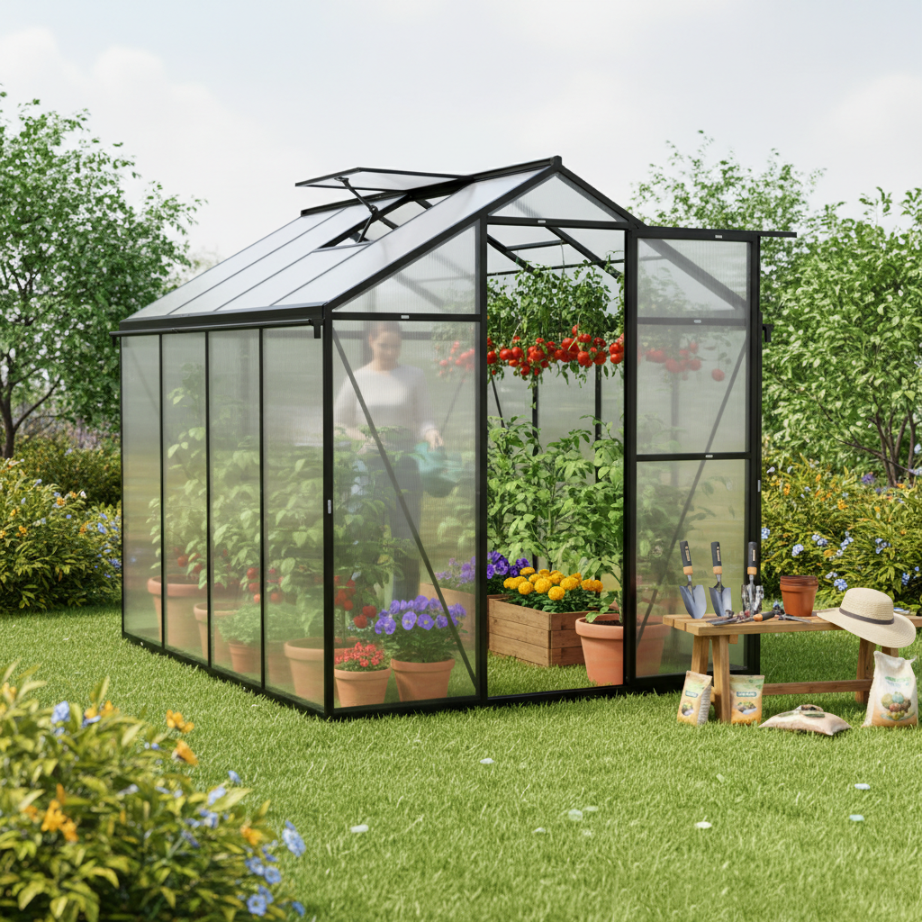 6x8/6x10 ft. Walk-in Polycarbonate Greenhouse with Roof Vent and Door lock
