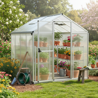 6x8/6x10 ft. Walk-in Polycarbonate Greenhouse with Roof Vent and Door lock