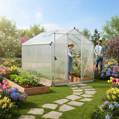 6x8/6x10 ft. Walk-in Polycarbonate Greenhouse with Roof Vent and Door lock