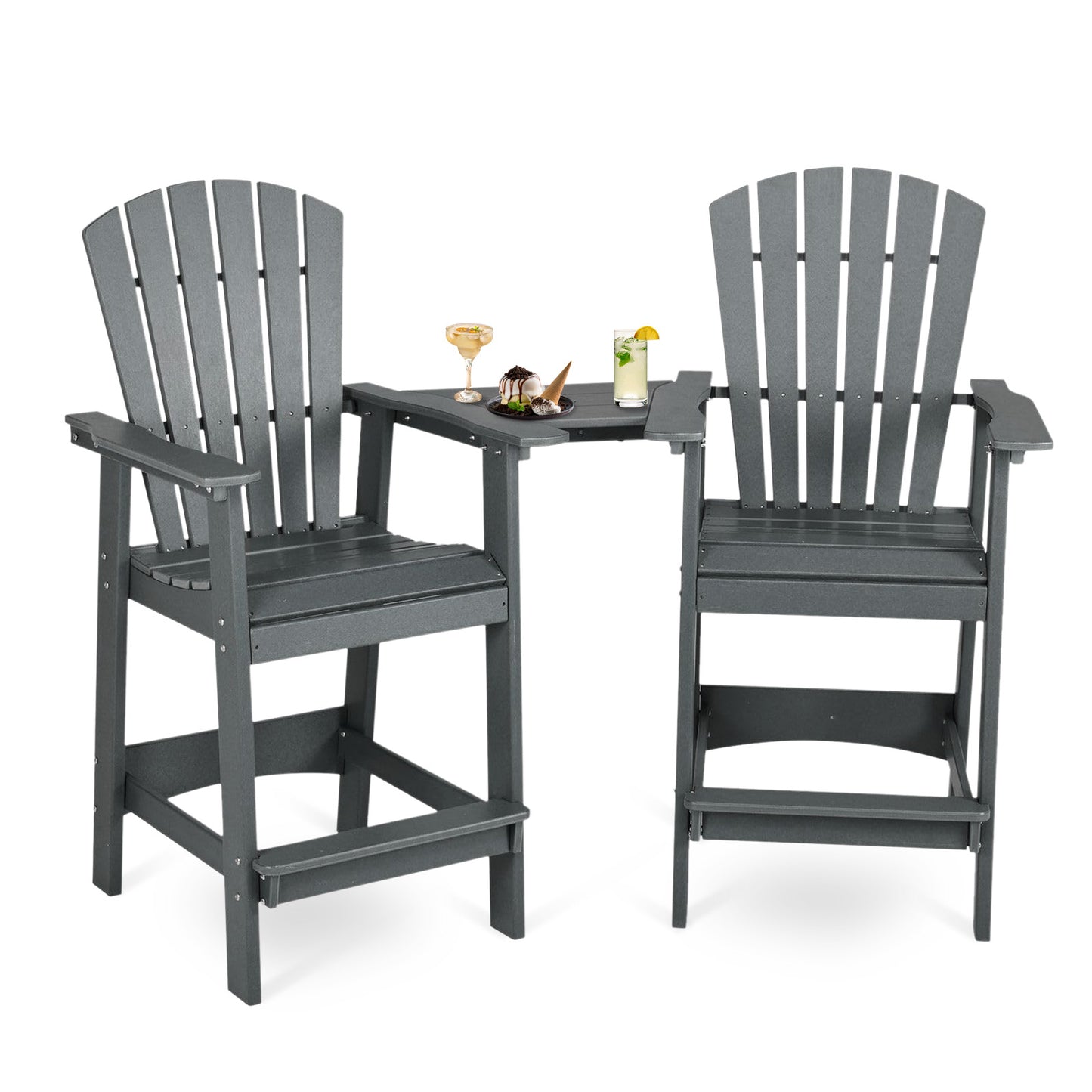 Tall Adirondack Chairs Set of 2,HDPE Patio Bar Stool with Connecting Tray - Aoodor 