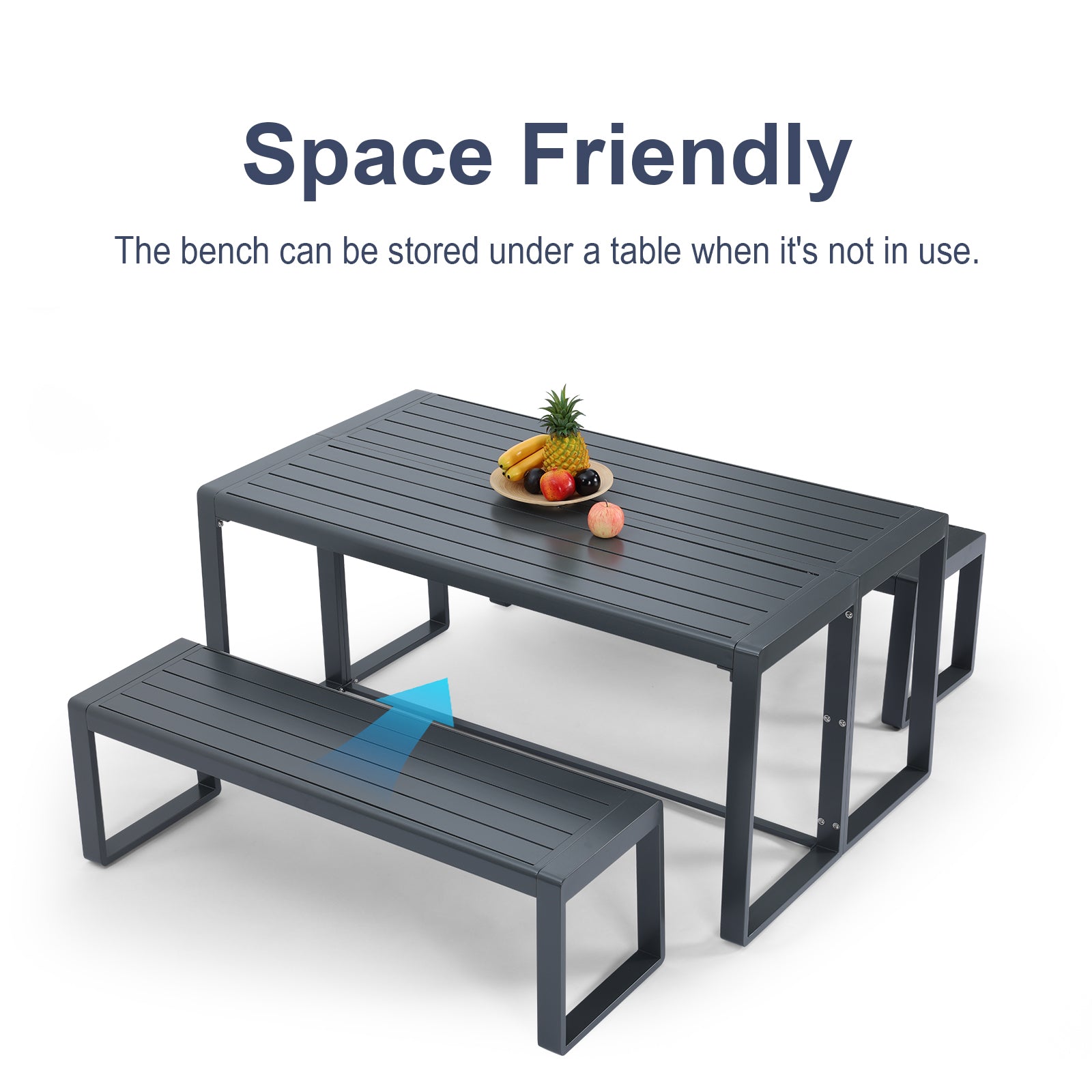 Aoodor 3-Piece Outdoor Patio Aluminum Dining Set with 1 Rectangular Picnic Table and 2 Benches Charcoal-space friendly