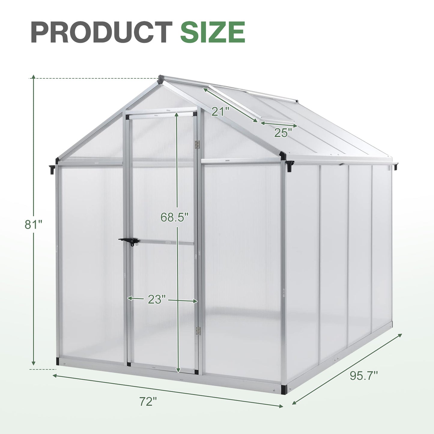 6x8/6x10 ft. Walk-in Polycarbonate Greenhouse with Roof Vent and Door lock - Aoodor 
