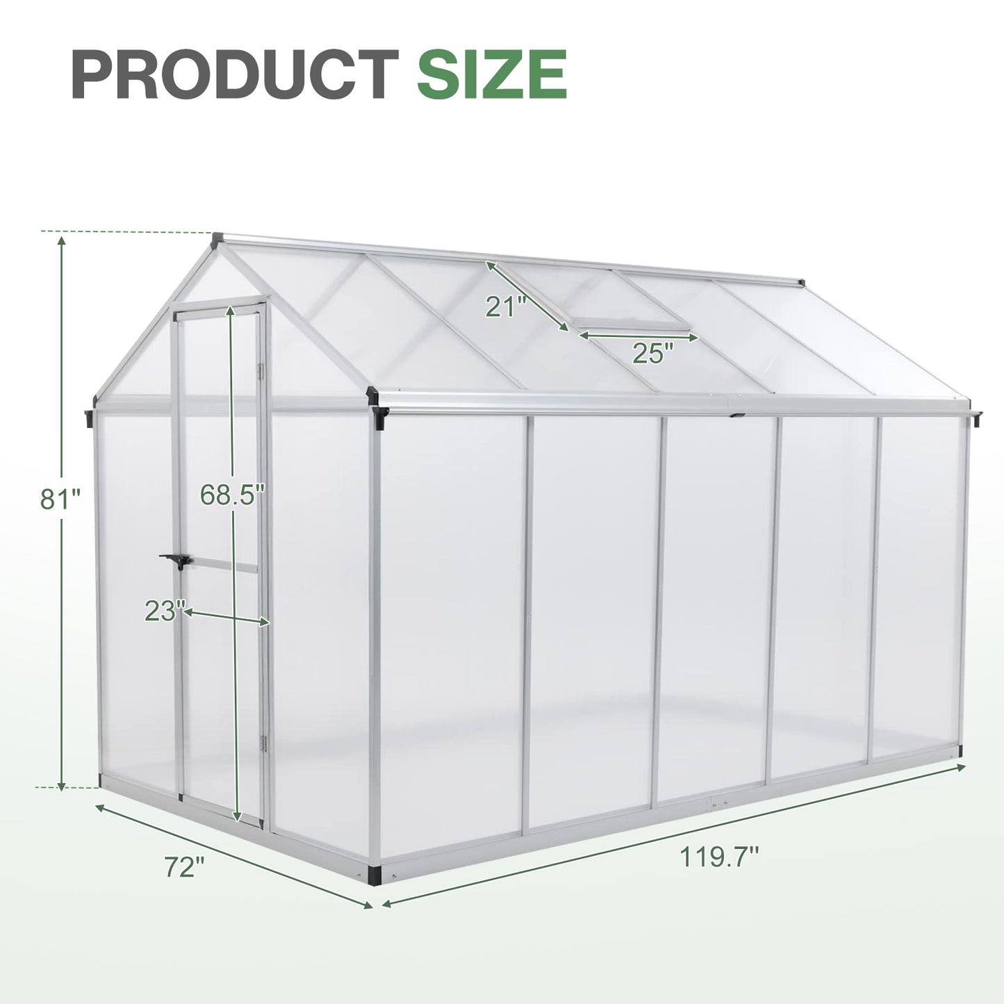 6x8/6x10 ft. Walk-in Polycarbonate Greenhouse with Roof Vent and Door lock - Aoodor 