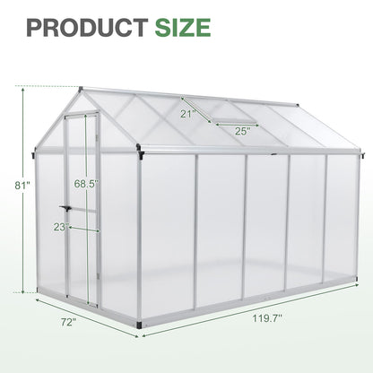 6x8/6x10 ft. Walk-in Polycarbonate Greenhouse with Roof Vent and Door lock - Aoodor 