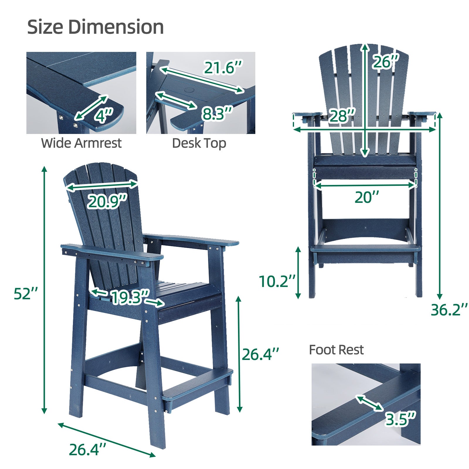 Tall Adirondack Chairs Set of 2,HDPE Patio Bar Stool with Connecting Tray - Aoodor 