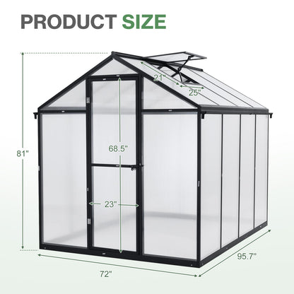 6x8/6x10 ft. Walk-in Polycarbonate Greenhouse with Roof Vent and Door lock - Aoodor 