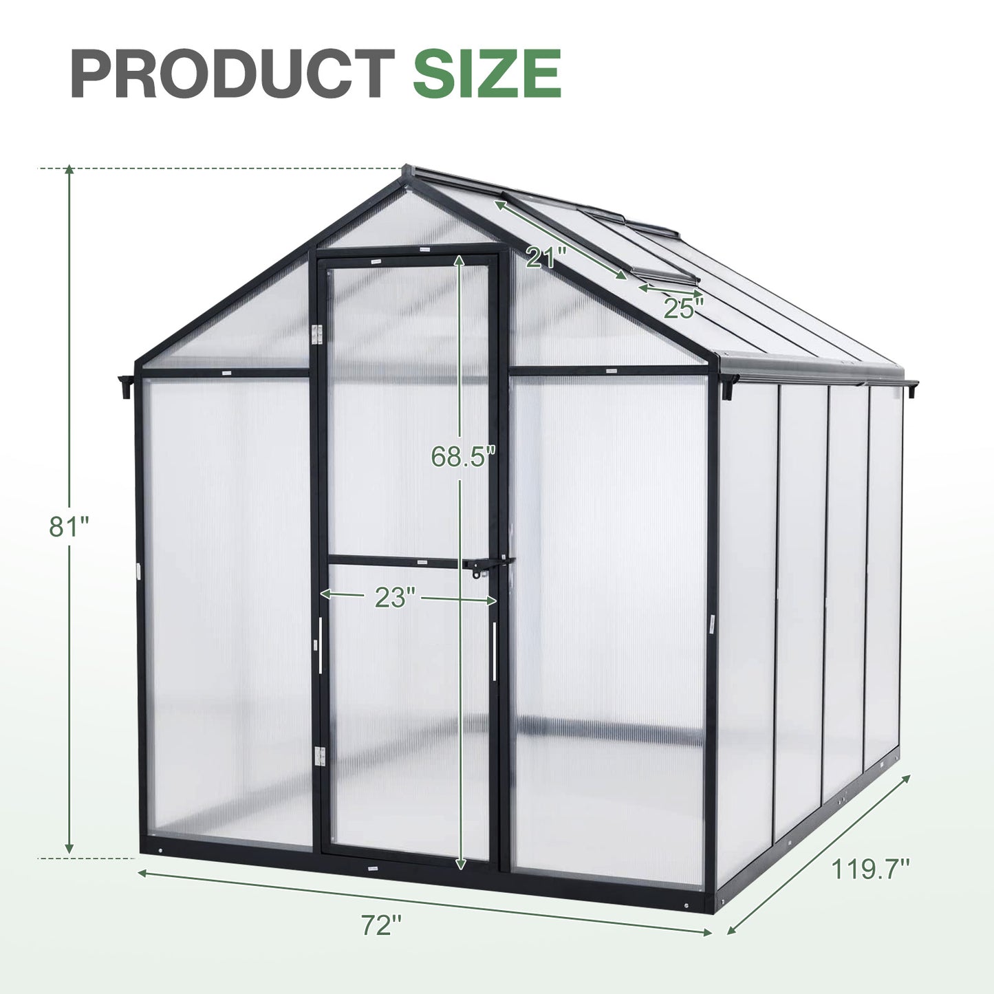 6x8/6x10 ft. Walk-in Polycarbonate Greenhouse with Roof Vent and Door lock - Aoodor 