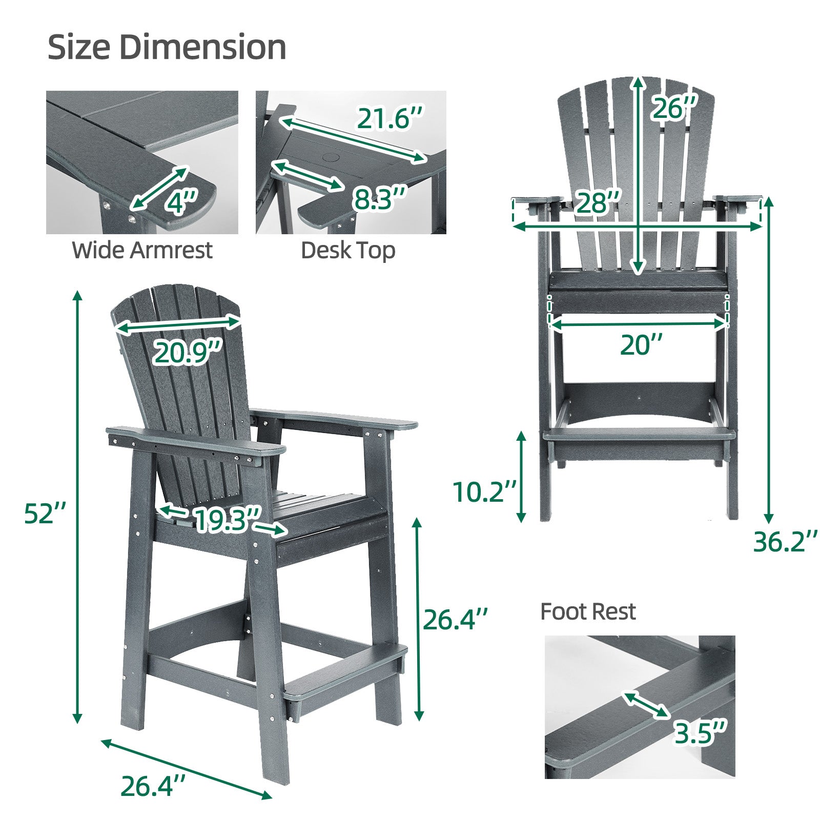 Tall Adirondack Chairs Set of 2,HDPE Patio Bar Stool with Connecting Tray - Aoodor 