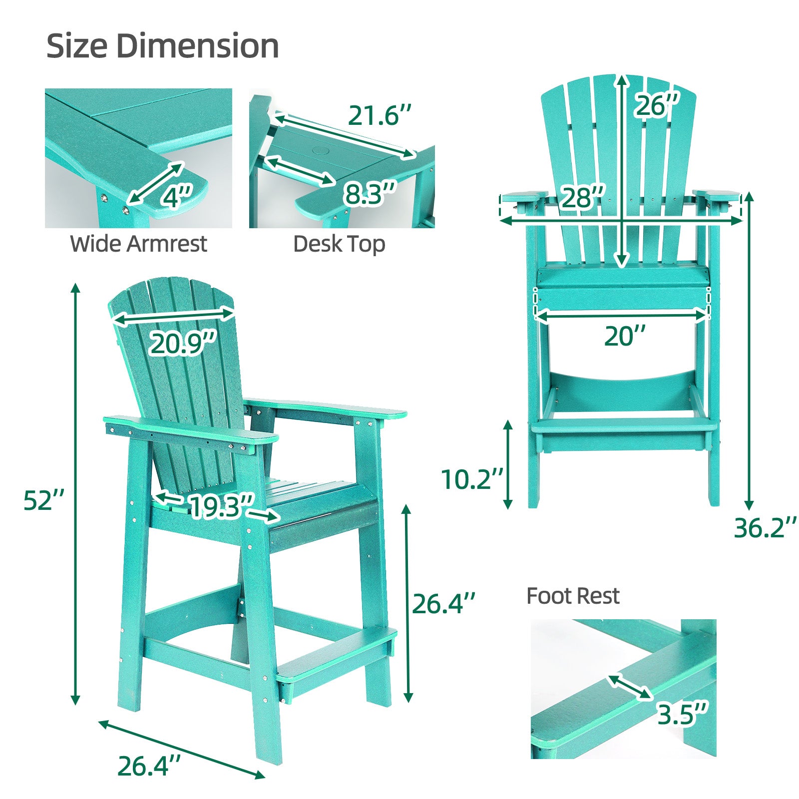 Tall Adirondack Chairs Set of 2,HDPE Patio Bar Stool with Connecting Tray - Aoodor 