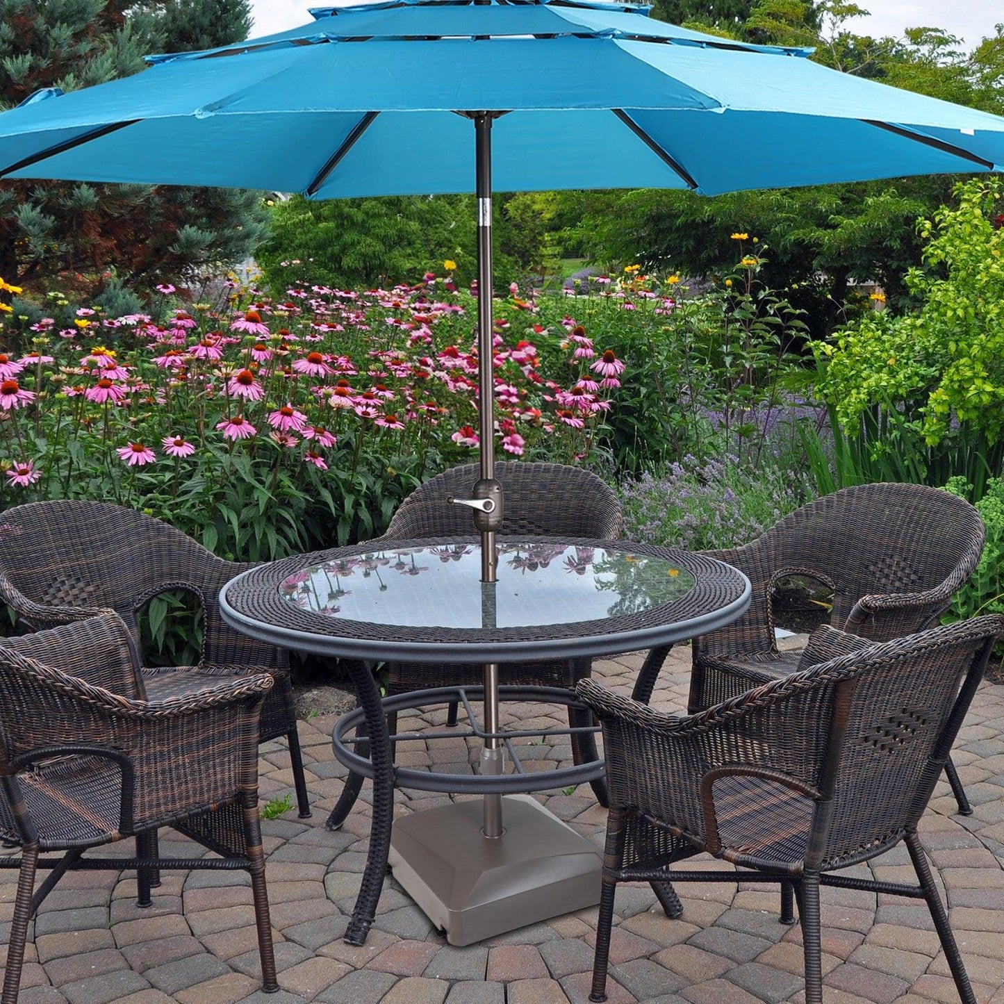 Patio Umbrella Base with 4 Wheels, 2 Locks and Adjustable Knob, Heavy Duty Fillable Market Umbrella Stand - Aoodor 