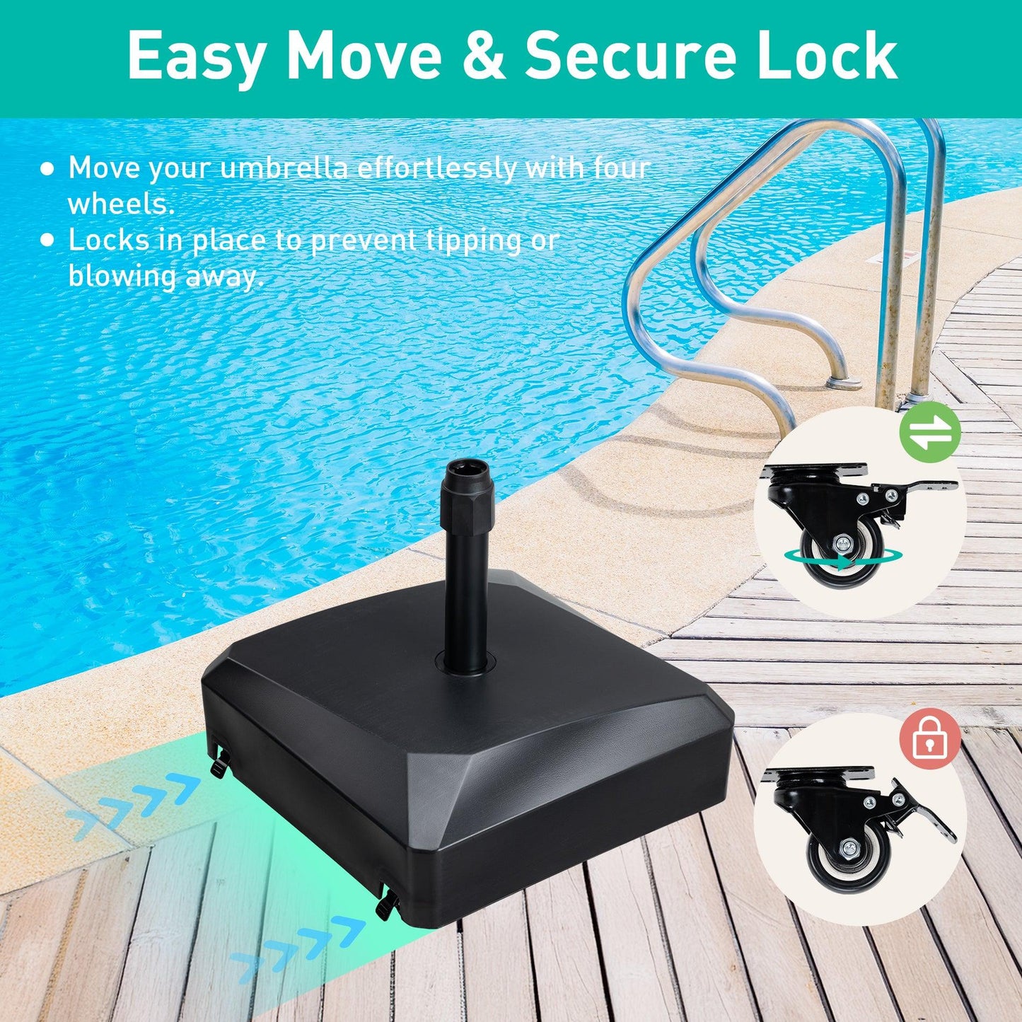Patio Umbrella Base with 4 Wheels, 2 Locks and Adjustable Knob, Heavy Duty Fillable Market Umbrella Stand - Aoodor 