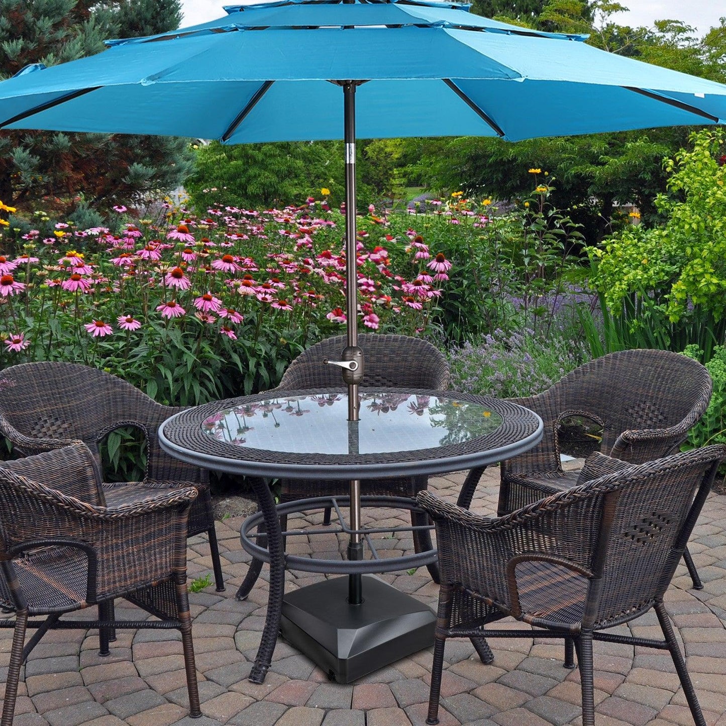 Patio Umbrella Base with 4 Wheels, 2 Locks and Adjustable Knob, Heavy Duty Fillable Market Umbrella Stand - Aoodor 