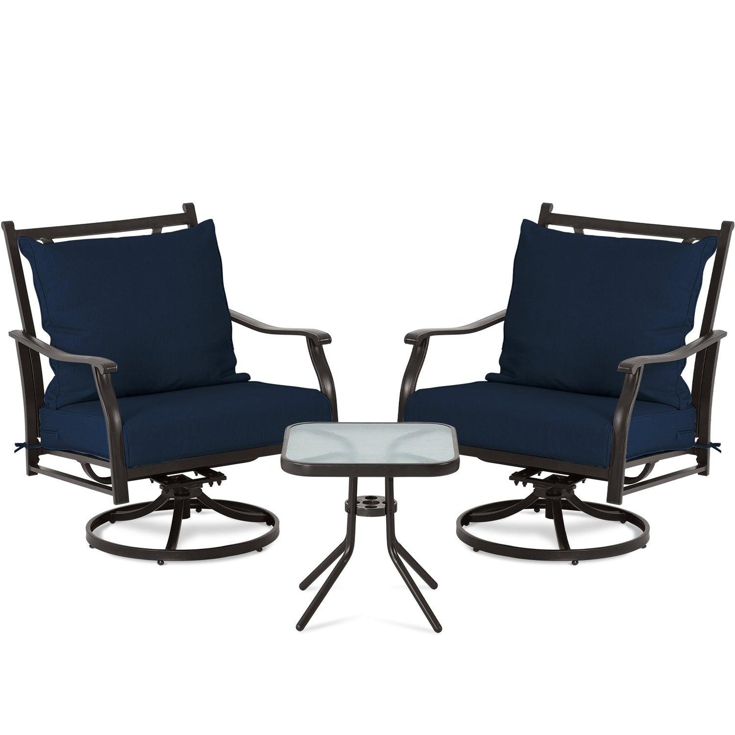 Outdoor Swivel Chair Set -  Two Chairs, One Glass Table, and Two Thick Cushions - Aoodor 