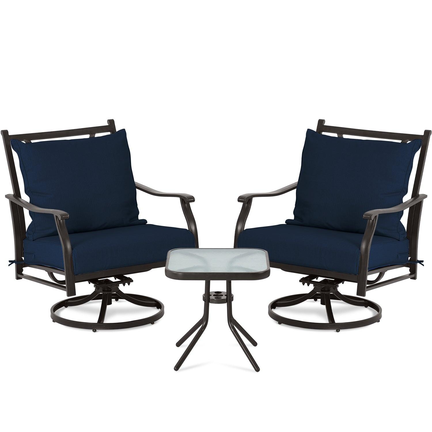 Outdoor Swivel Chair Set -  Two Chairs, One Glass Table, and Two Thick Cushions - Aoodor 