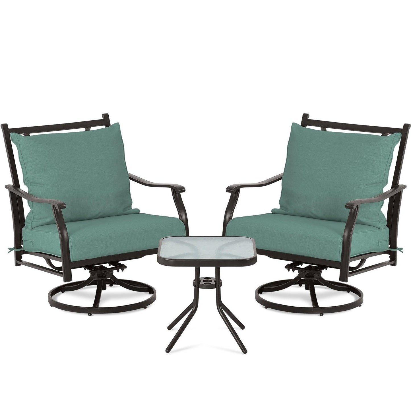 Outdoor Swivel Chair Set -  Two Chairs, One Glass Table, and Two Thick Cushions - Aoodor 