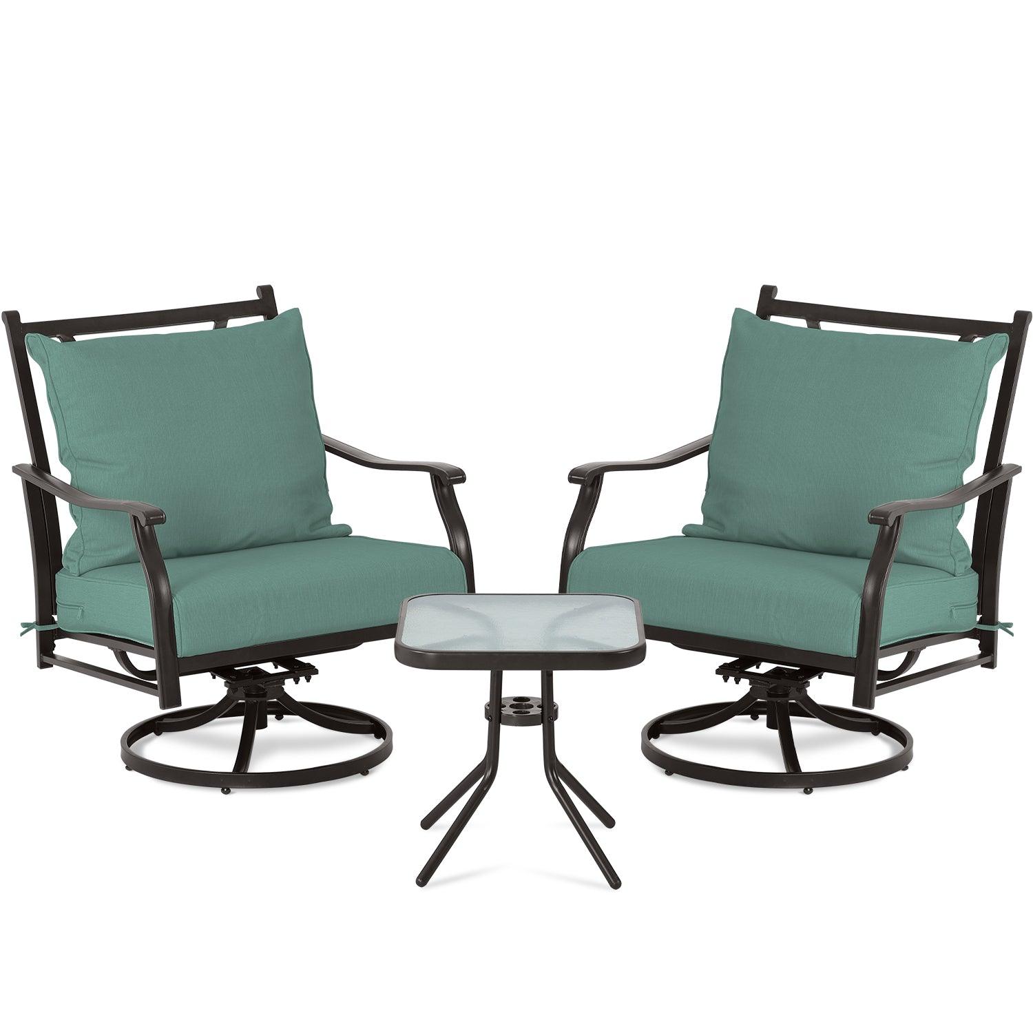 Outdoor Swivel Chair Set -  Two Chairs, One Glass Table, and Two Thick Cushions - Aoodor 
