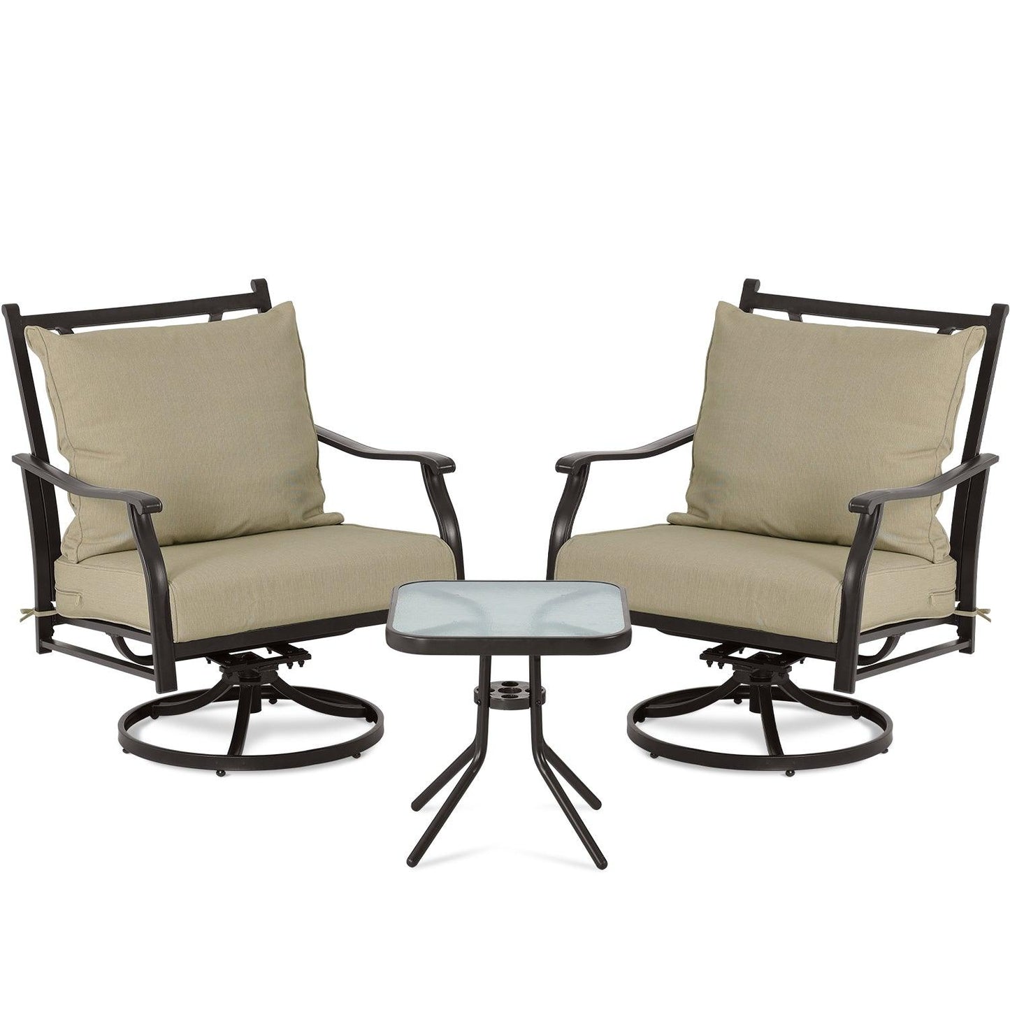 Outdoor Swivel Chair Set -  Two Chairs, One Glass Table, and Two Thick Cushions - Aoodor 