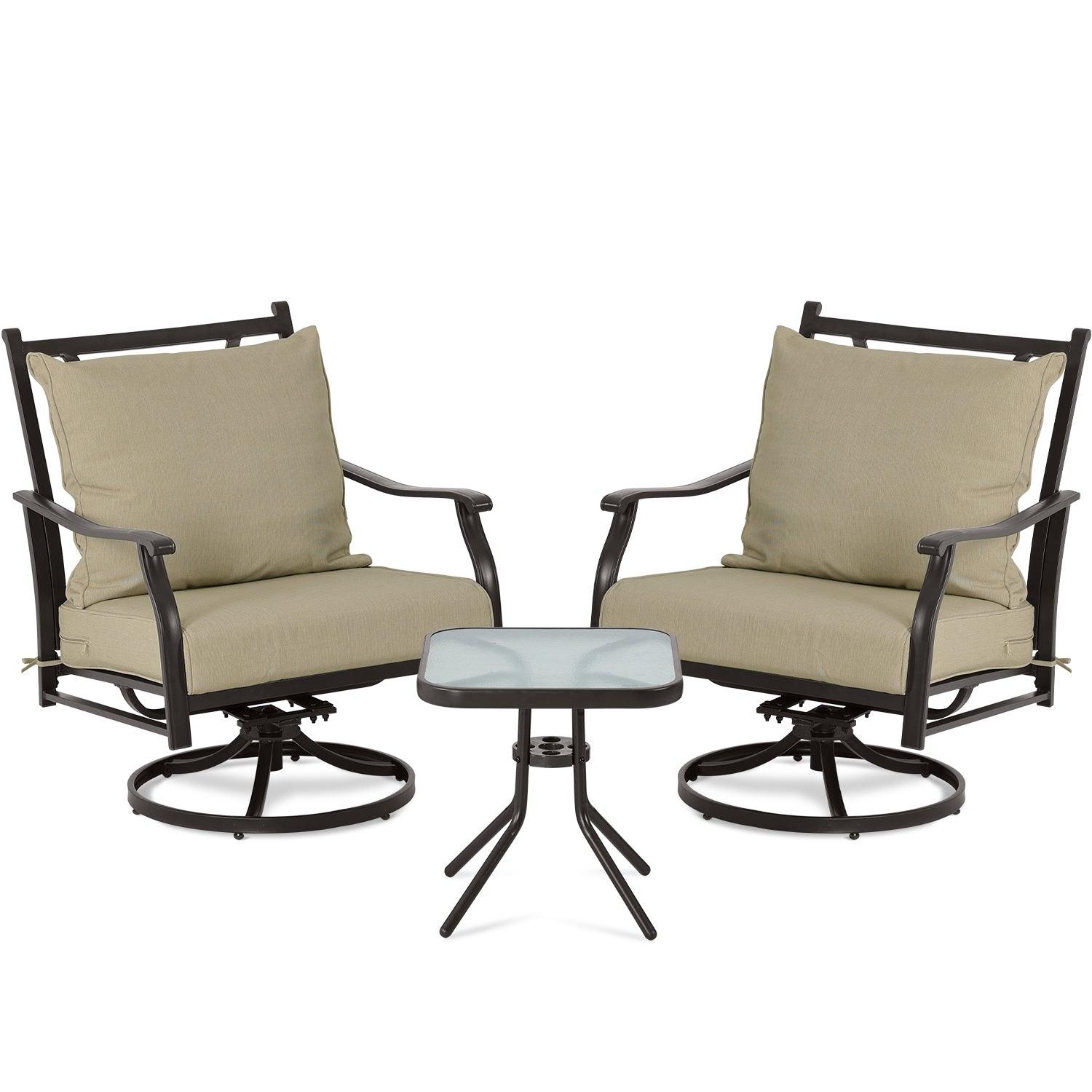 Outdoor Swivel Chair Set -  Two Chairs, One Glass Table, and Two Thick Cushions - Aoodor 