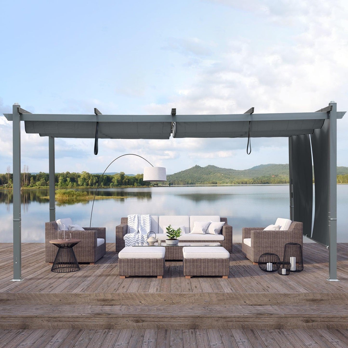 16x12 ft. Outdoor Pergola with Retractable Shade Canopy, Aluminum Frame, Roller Shade Curtain - Aoodor 