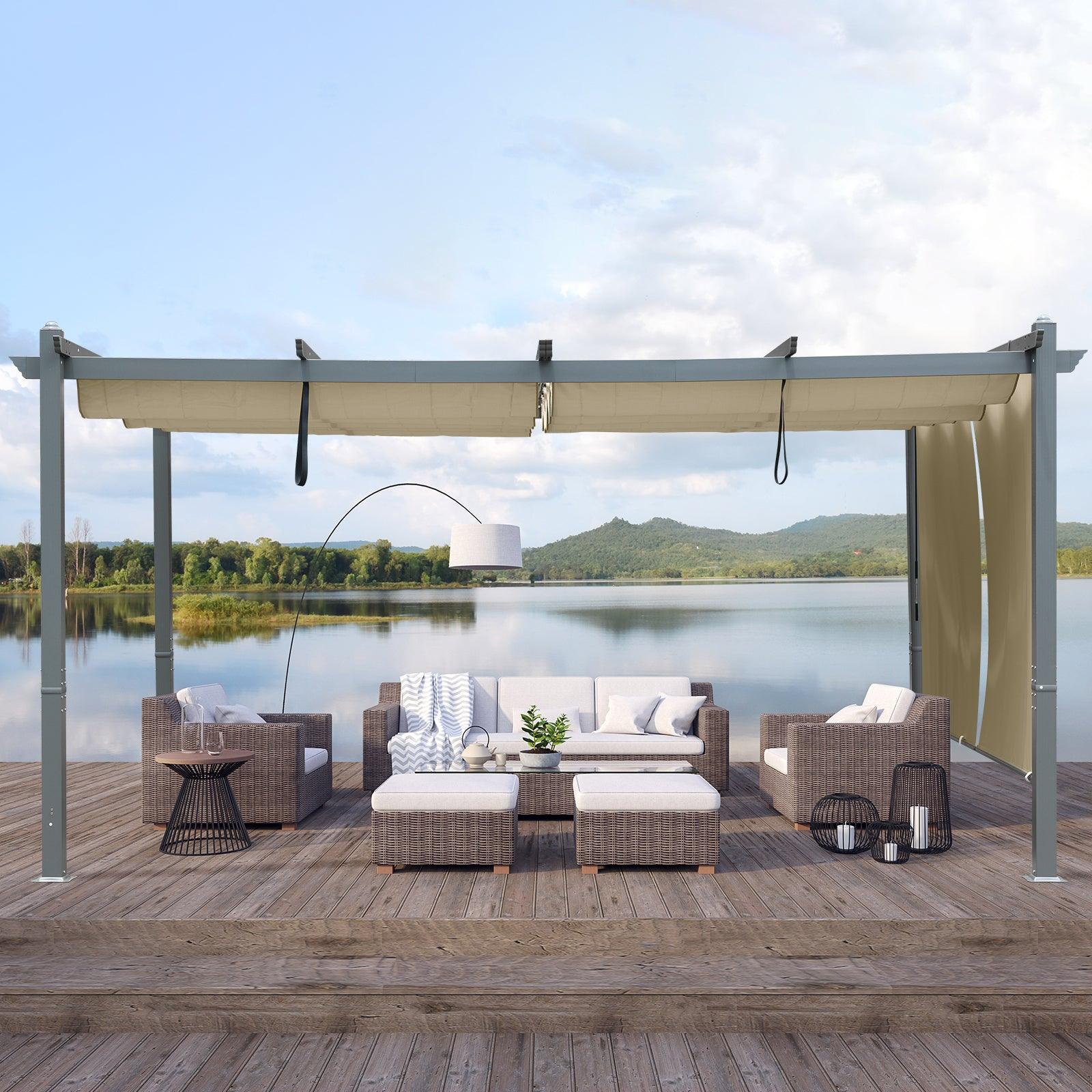16x12 ft. Outdoor Pergola with Retractable Shade Canopy, Aluminum Frame, Roller Shade Curtain - Aoodor 