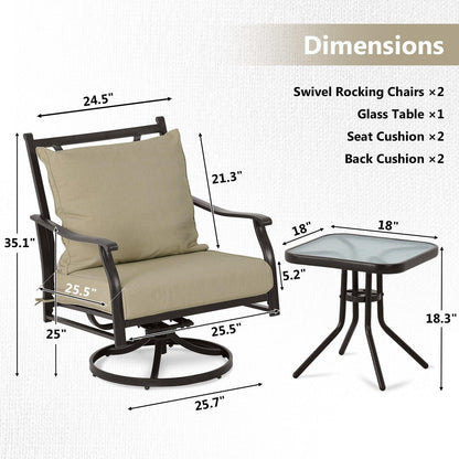Outdoor Swivel Chair Set -  Two Chairs, One Glass Table, and Two Thick Cushions - Aoodor 