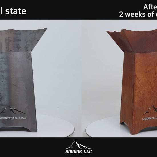24 inch Rustic Corten Steel Wood-Burning Fire Pit with 27 inch Stand - Before and After Oxidation