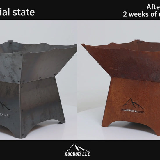 24 inch Rustic Corten Steel Wood-Burning Fire Pit with 12 inch Stand - Before and After Oxidation