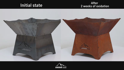 24 inch Rustic Corten Steel Wood-Burning Fire Pit with 12 inch Stand - Before and After Oxidation
