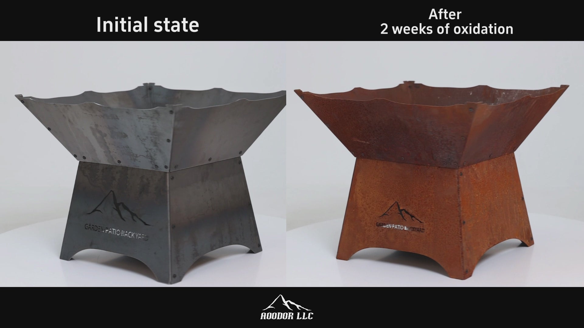 24 inch Rustic Corten Steel Wood-Burning Fire Pit with 12 inch Stand - Before and After Oxidation