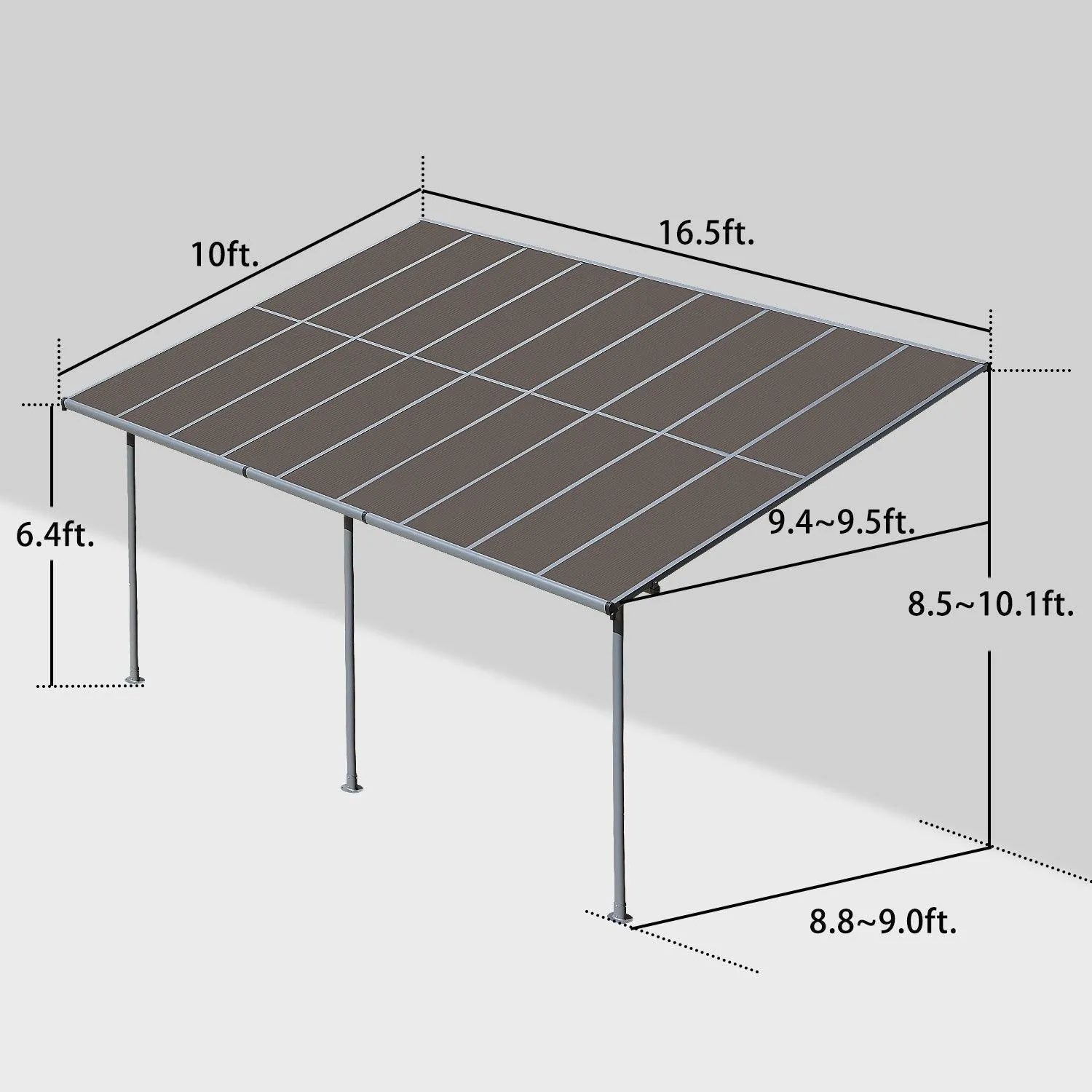 13x10/16.5x10 ft. Wall Mount Gazebo - Polycarbonate Outdoor Pergola - Aoodor 
