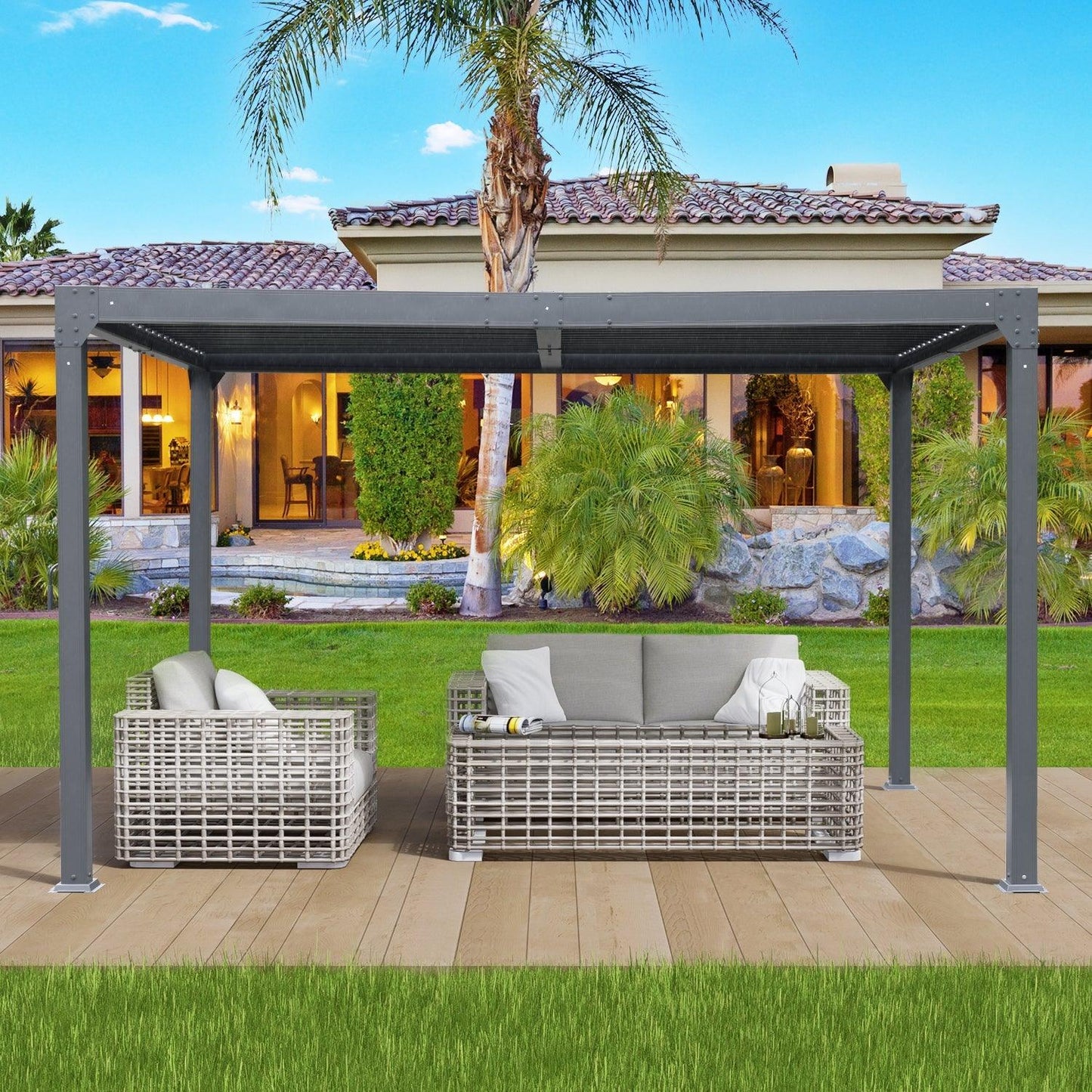 13 x 10 ft. Outdoor Aluminum Louvered Pergola, Sun Shade Shelter with 2 Adjustable Panels - Dark Gray  Aoodor    