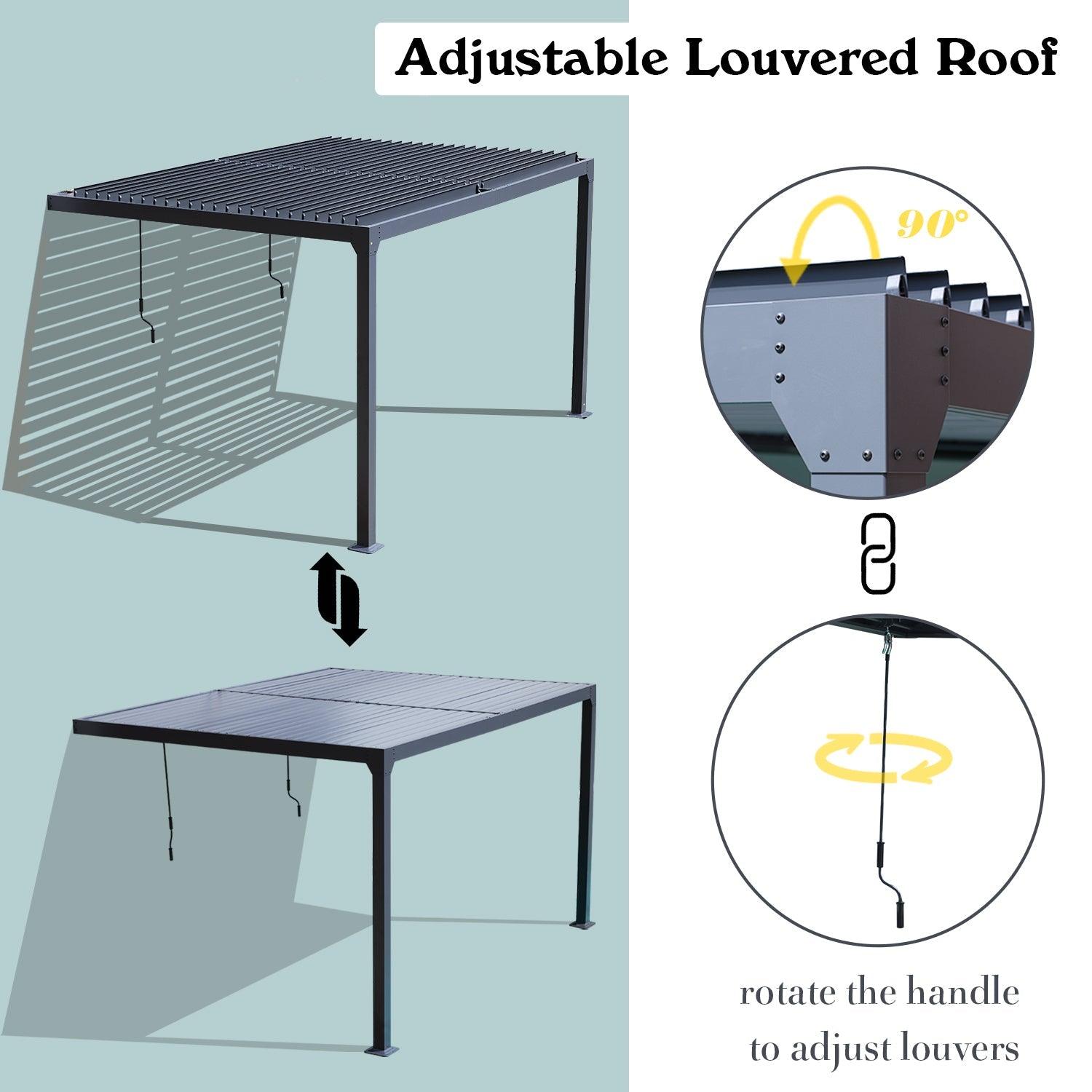 13x10 ft. Outdoor Aluminum Wall Mounted Louvered Pergola, Sun Shade Shelter with 2 Adjustable Panels  - Dark Gray/White - Aoodor 