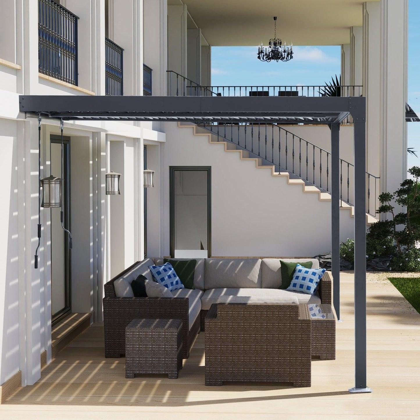 13x10 ft. Outdoor Aluminum Wall Mounted Louvered Pergola, Sun Shade Shelter with 2 Adjustable Panels  - Dark Gray/White - Aoodor 