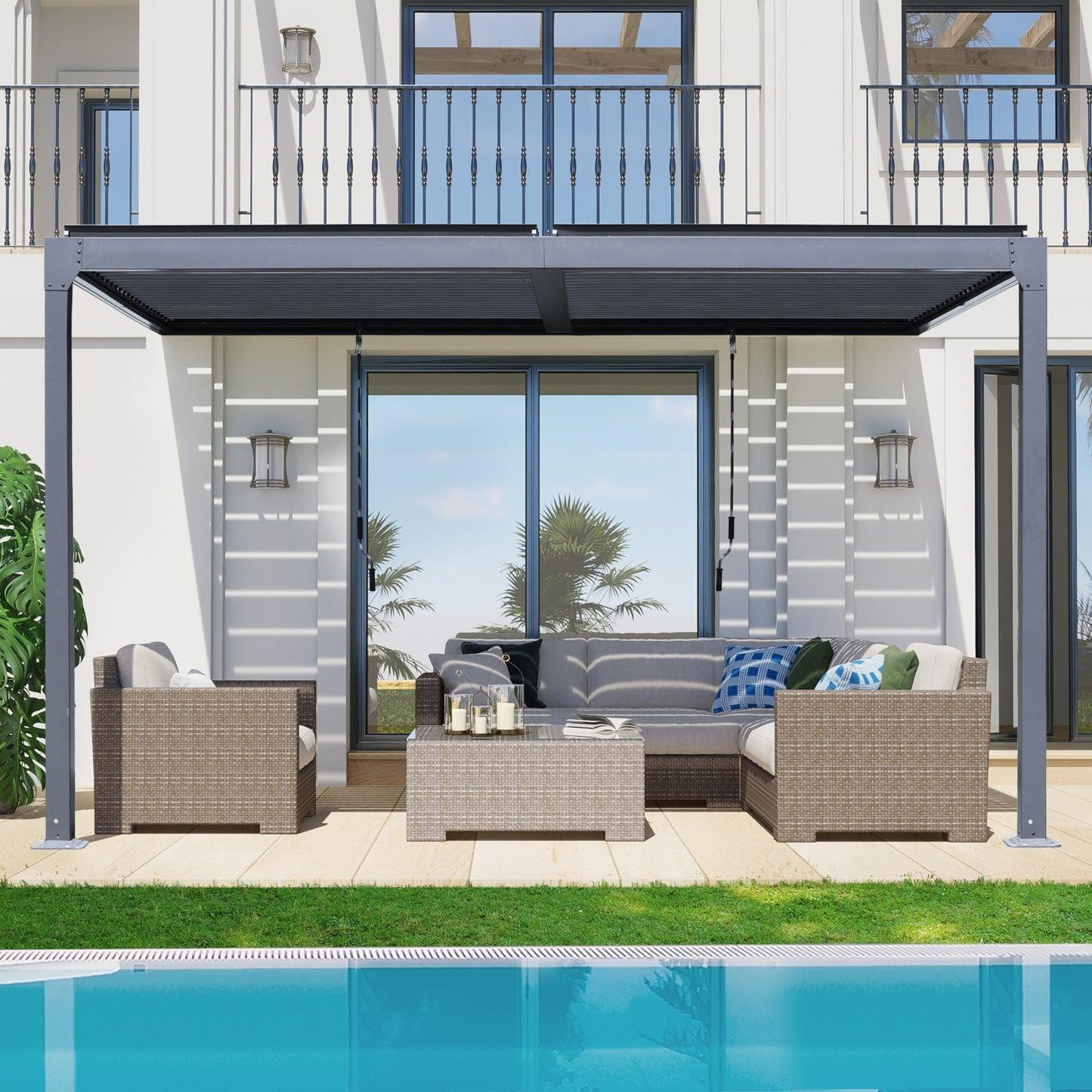 13x10 ft. Outdoor Aluminum Wall Mounted Louvered Pergola, Sun Shade Shelter with 2 Adjustable Panels  - Dark Gray/White - Aoodor 