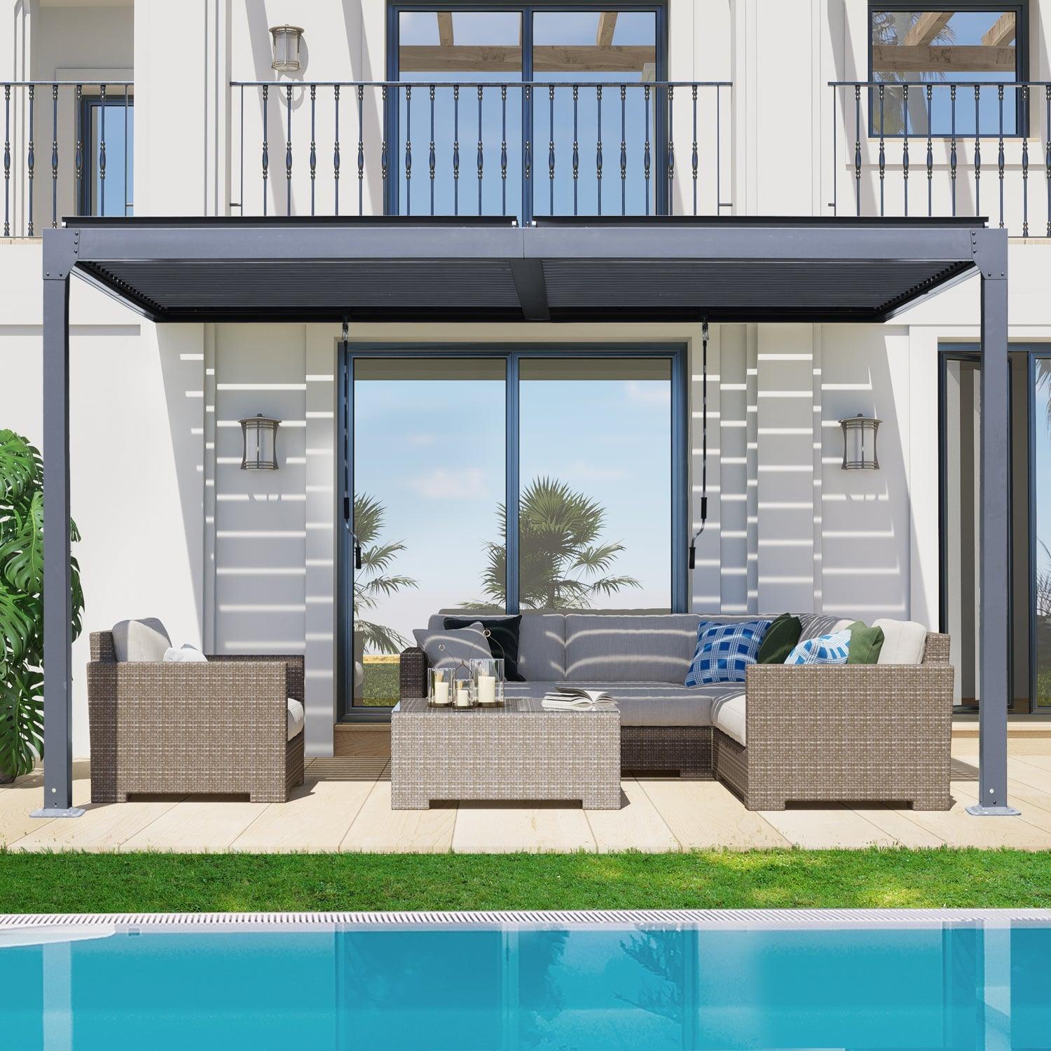 13x10 ft. Outdoor Aluminum Wall Mounted Louvered Pergola, Sun Shade Shelter with 2 Adjustable Panels  - Dark Gray/White - Aoodor 