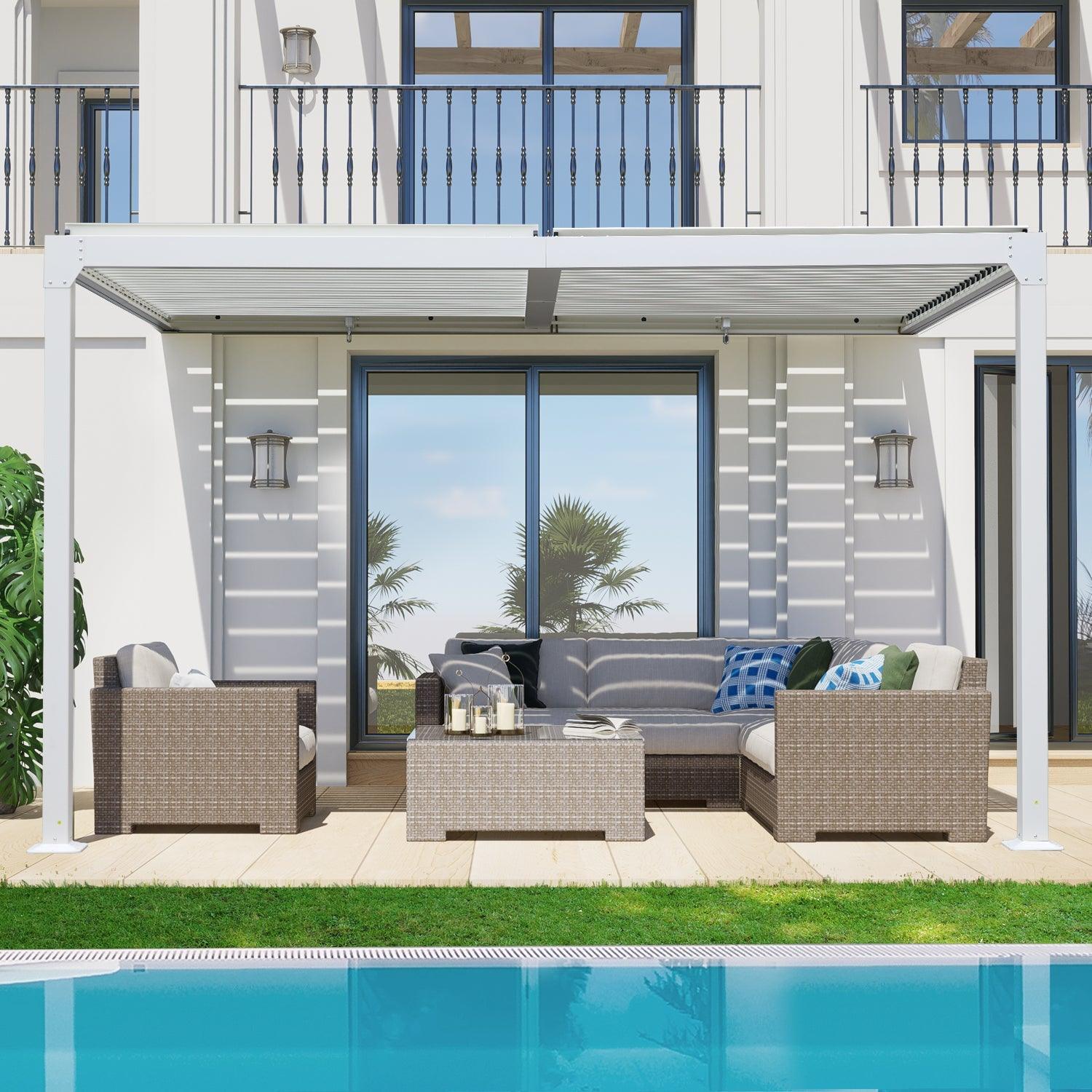 13x10 ft. Outdoor Aluminum Wall Mounted Louvered Pergola, Sun Shade Shelter with 2 Adjustable Panels  - Dark Gray/White - Aoodor 