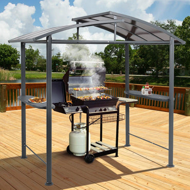 8'x5' Outdoor Hardtop Grill Gazebo Double-Tier Polycarbonate Roof with Side Shelves for Patio BBQ - Aoodor 
