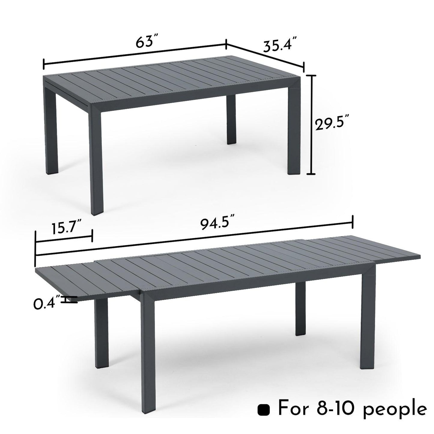 6-10 Person Outdoor Aluminum Patio Extendable Dining Table - Modern Rectangular Table for Patio, Deck, Garden, Courtyard (Table Only) - Aoodor 