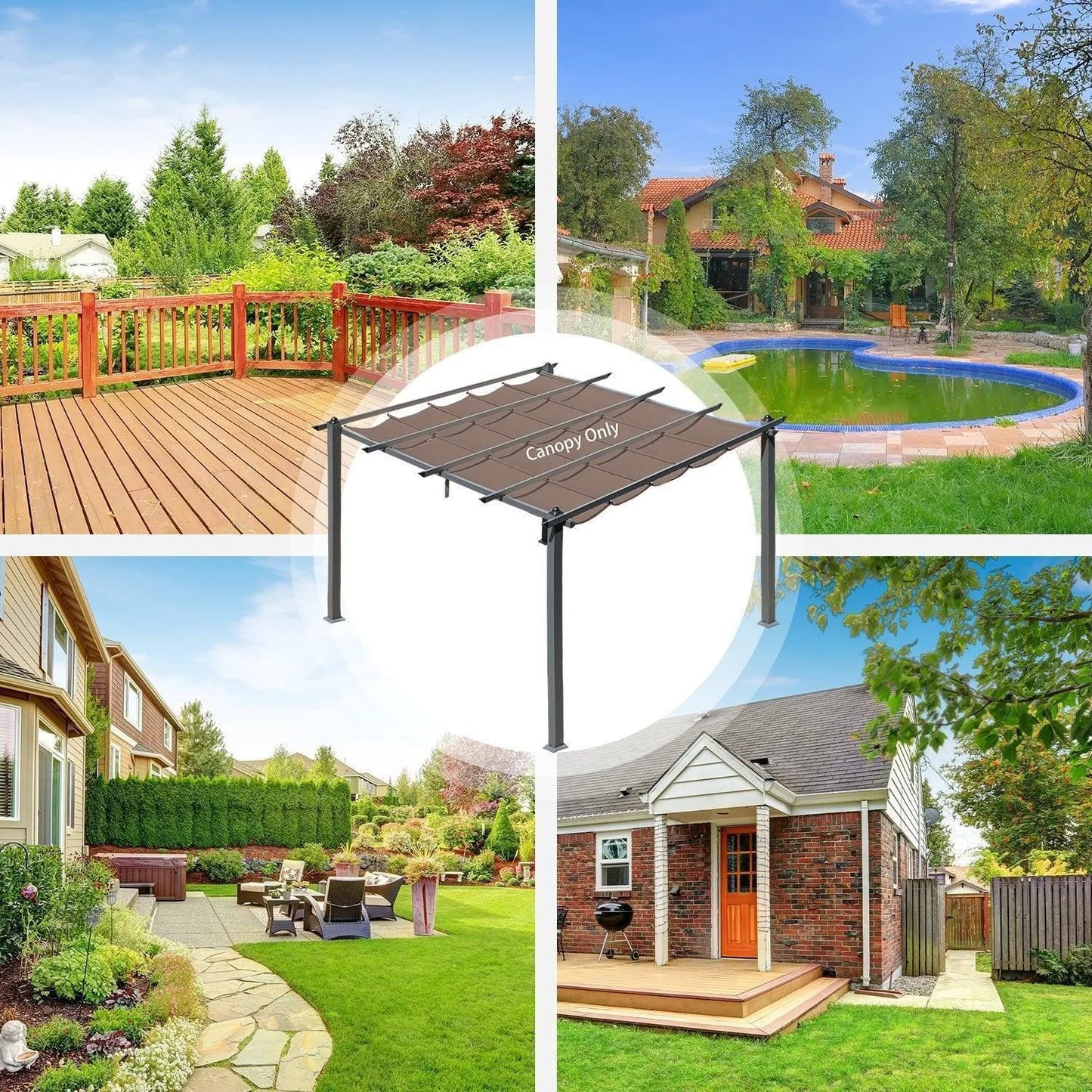 10x10/10x13 ft. Pergola Replacement Canopy - Retractable Shade in Dark Brown Fabric - Aoodor 