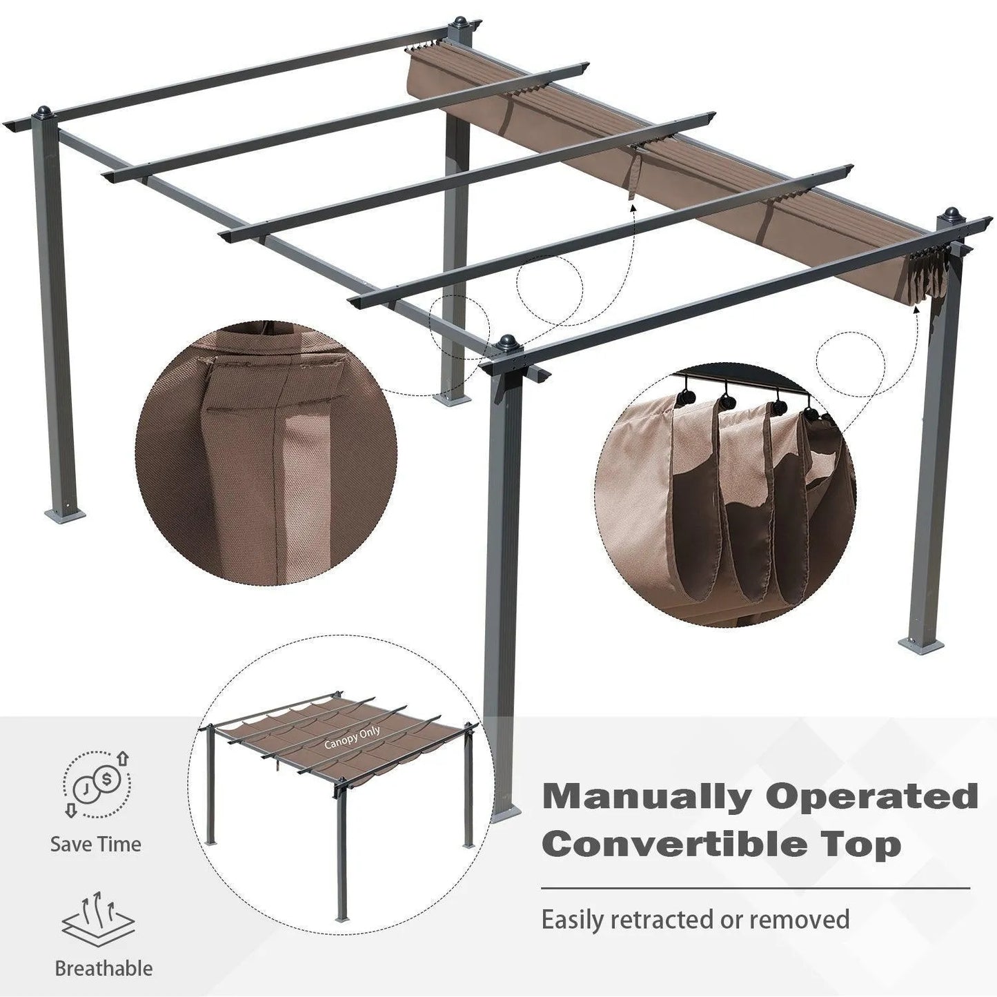 10x10/10x13 ft. Pergola Replacement Canopy - Retractable Shade in Dark Brown Fabric - Aoodor 