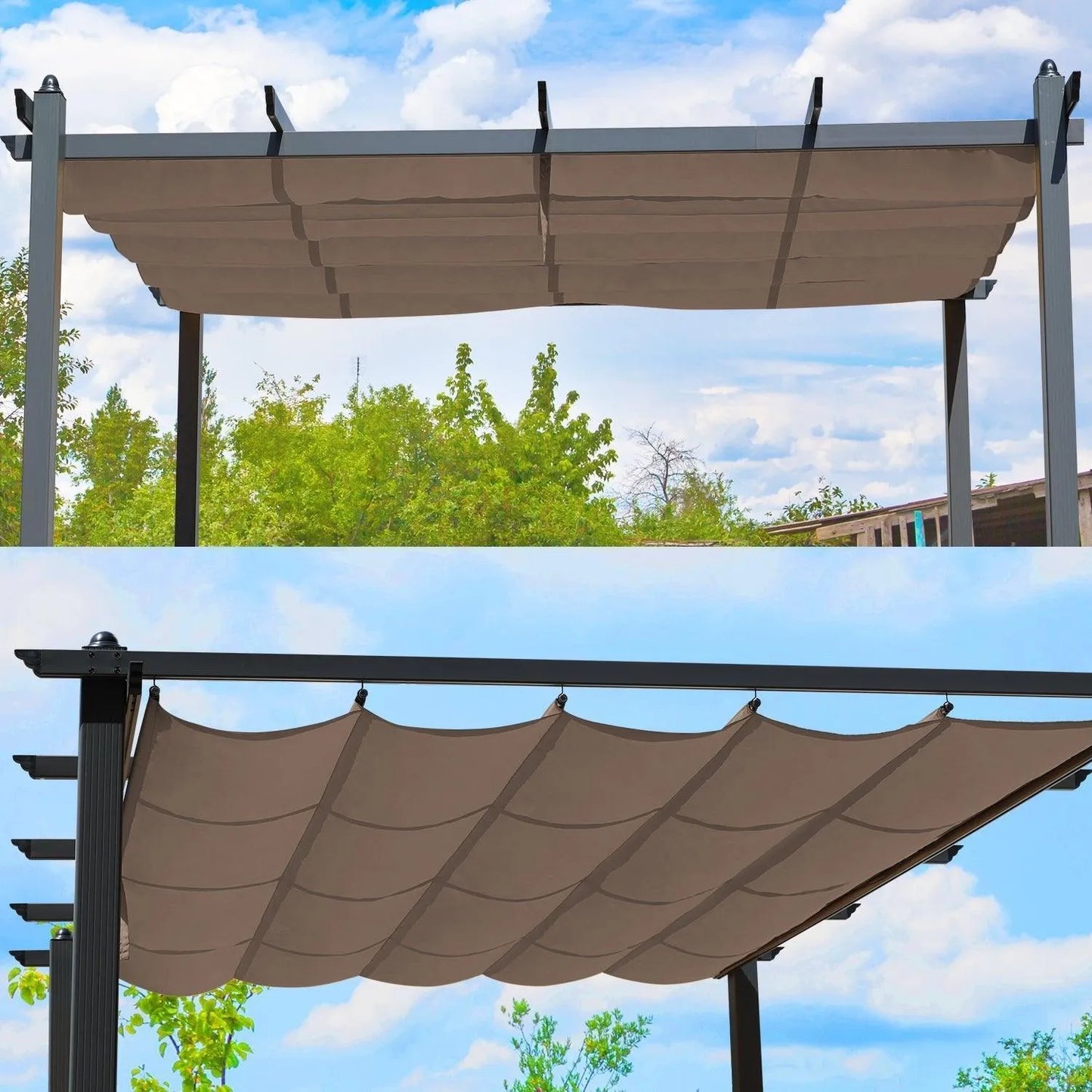 10x10/10x13 ft. Pergola Replacement Canopy - Retractable Shade in Dark Brown Fabric - Aoodor 